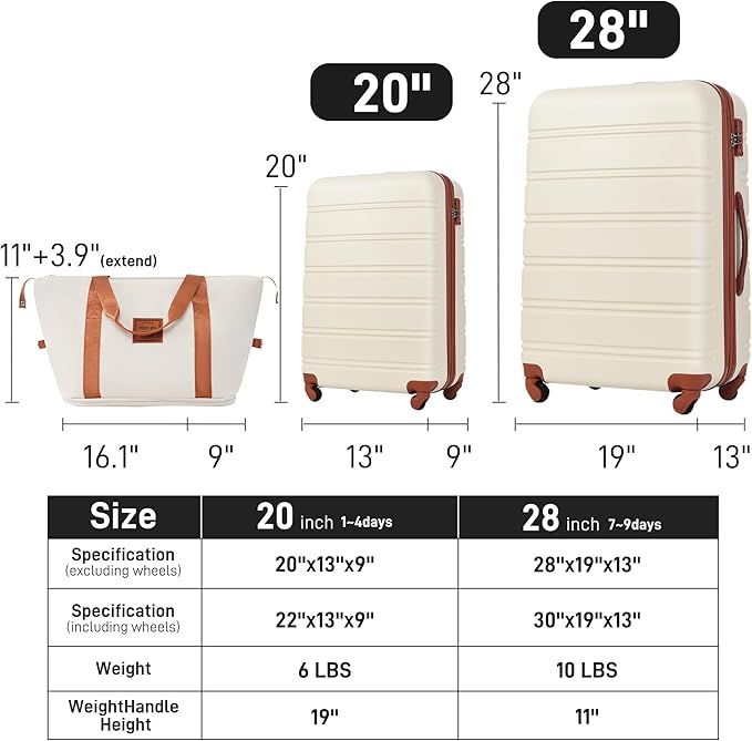 Merax Luggage Sets Carry on Suitcase Airline Approved,Hard Case Expandable Spinner Wheels, White and Brown, 3-Piece Set(20+28IN+Bag)