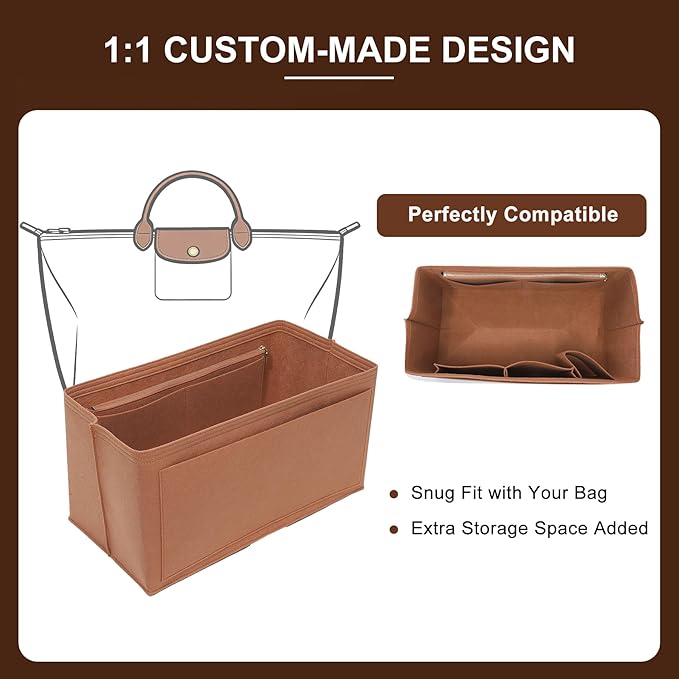 Doxo Felt Purse Organizer Insert for Longchamp Le Pliage L Travel Bag, Longchamp Orgainzer Insert Large with 9 Compartments and Zipper Water Bottle Holder, Fits Long Champ Large Bag (LT, Gold Brown)