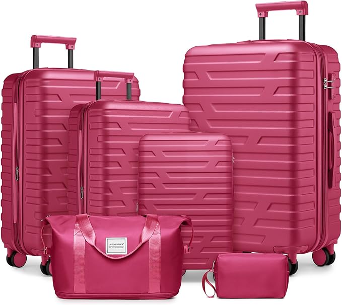 Rose Red 6 Piece Luggage Set Hard Shell - Expandable Suitcases with Spinner Wheels and Duffel Bags for Family Travel, Durable Carry On Luggage Sets with Lock for Women and Girls