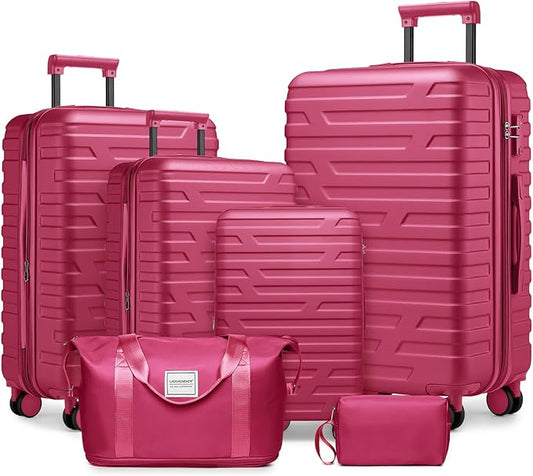 Rose Red 6 Piece Luggage Set Hard Shell - Expandable Suitcases with Spinner Wheels and Duffel Bags for Family Travel, Durable Carry On Luggage Sets with Lock for Women and Girls