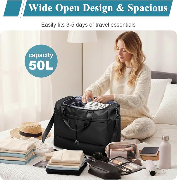 Weekender Bags for Women - 50L Large Travel Duffle Bag with Shoe Compartment - Carry on Overnight Bag for Travel, Weekend Getaway, Gym, Hospital