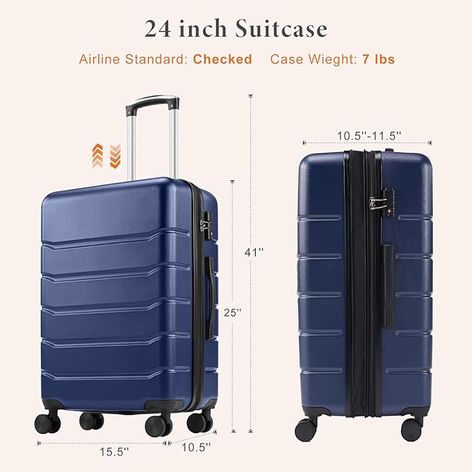 Sweetcrispy 25IN Carry on Luggage, Expandable Hard Shell ABS Suitcase with 360° Swivel Wheels, TSA Lock, Lightweight, Navy Blue