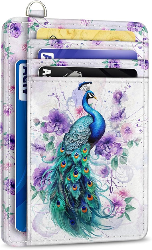 Yonlevres Credit Card Holder Slim Wallet, Peacock RFID Wallet Women Front Pocket Small Card Holder, Cute Travel Thin RFID Blocking Card Organizer Card Case ID Window PU Leather Girl Ladies