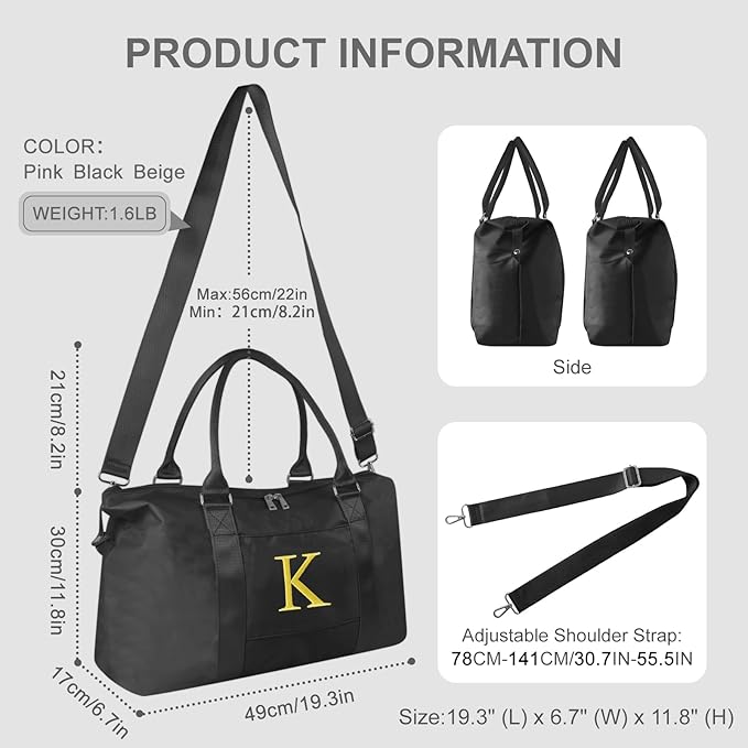 Personalized Initial Gym Dance Bag, Travel Duffel Bag for Teen Girls, Carry On Bag Overnight Weekender Bag with Trolley Sleeve, Birthday Gifts for Women Mom Daughter Graduation Gift(Letter K, Black)
