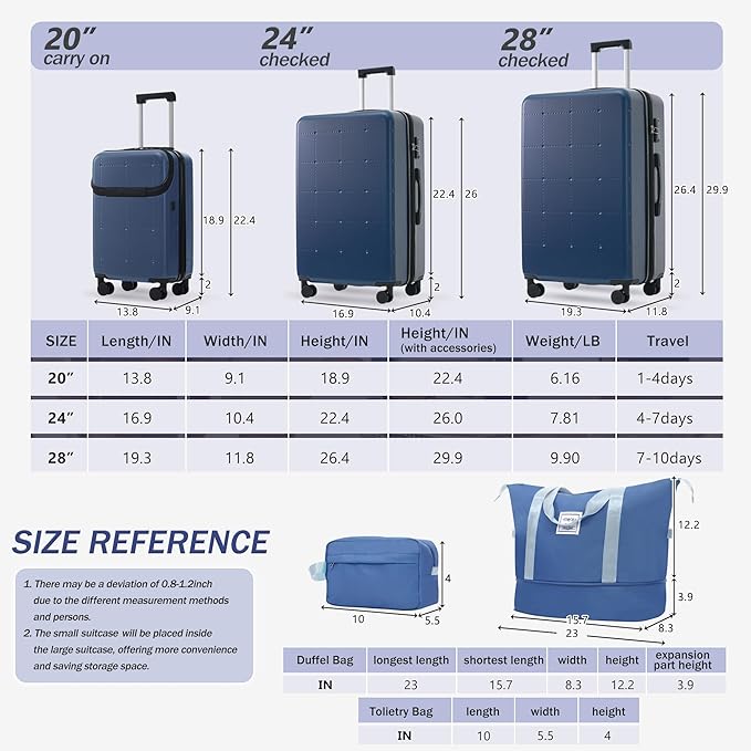 Merax Luggage Sets,5 Piece Front Half-open Hardshell Expandable Suitcase Set with Spinner Wheels and Duffel Bags,Lightweight Carry on Luggage with USB Port,20/24/28IN,Blue-1