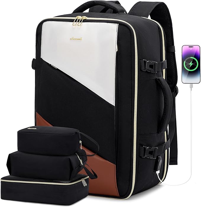 LOVEVOOK Carry on Travel Backpack, Large 40L for Men & Women Flight Approved with USB Charging Port&3 Packing Cubes, Large Suitcase Water Resistant Luggage Daypack Busi, Beige-Black
