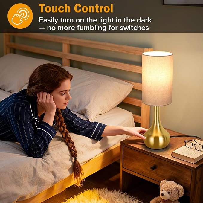 Touch Gold Table Lamp for Nightstand, 3-Way Dimmable, Space Saving & No Assembly Required, Upgraded Small Bedside Lamp for Bedroom, Living Room, Office (Bulb Included)