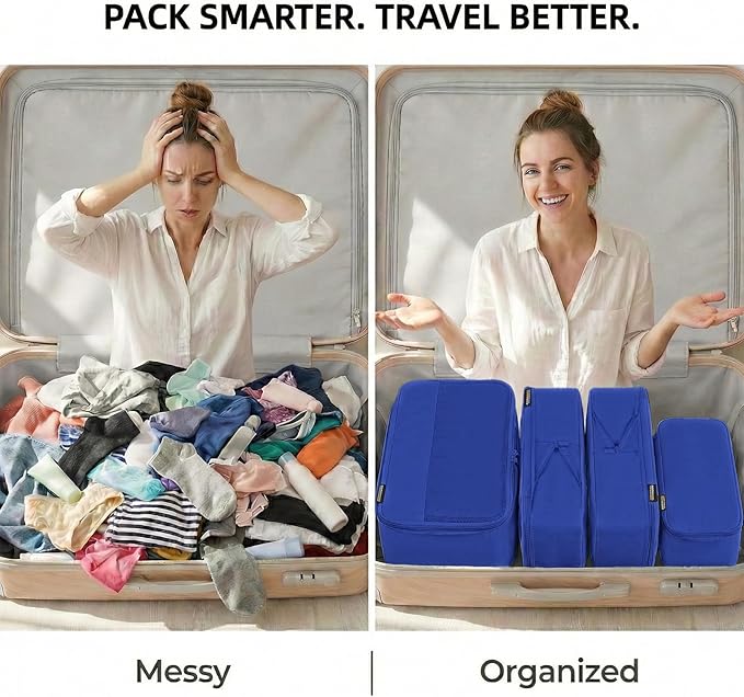 4 Piece Compression Packing Cubes for 3–7 Day Travel, Lightweight Travel Organizers with Breathable Mesh, Double-Zipper Packing Cubes for Carry-On & Suitcases (Dark Blue)
