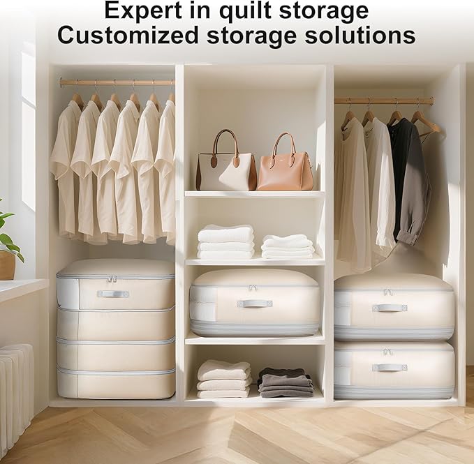 Comforter Storage Bag - Extra Large Capacity Blanket Storage Bags 4-Layer Ultra Space Saving Self Compression Organizer, Washable Compression Bags for Storage Comforter Blanket, 1-Pack, Beige