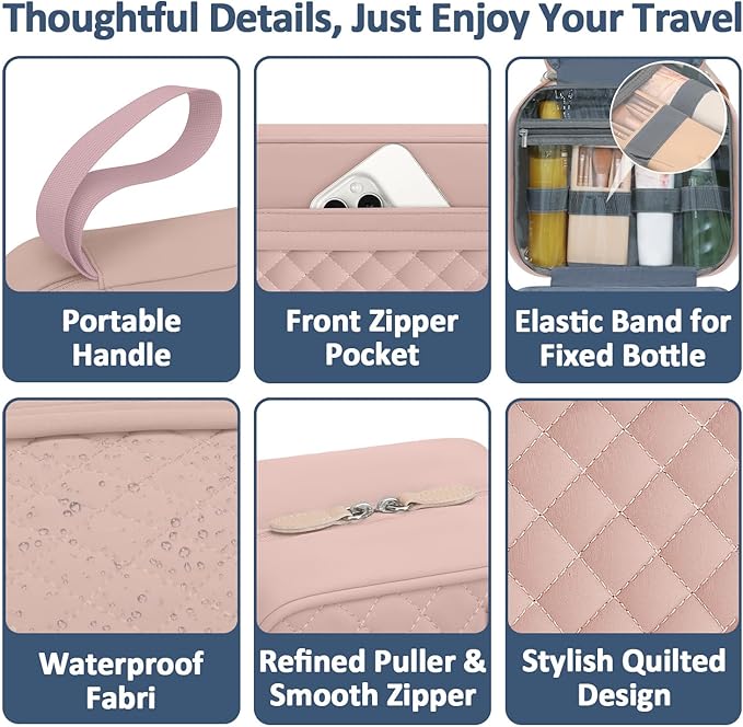 Travel Toiletry Bag for Women with Hanging Hook, Waterproof TSA Approved Cometic Toiletry Bag Organizers Leakproof Make up Bags for Women Pink