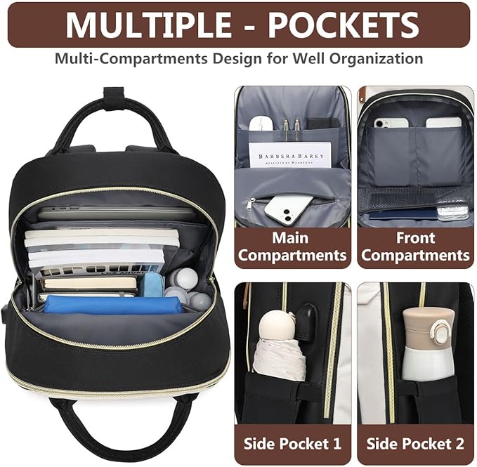 Laptop Backpack for Women College Bookbag - 17.3 Inch Fashion Travel Work Bag with USB Charger Anti-theft Business Backpacks for Nurse Teacher Beige Black Brown
