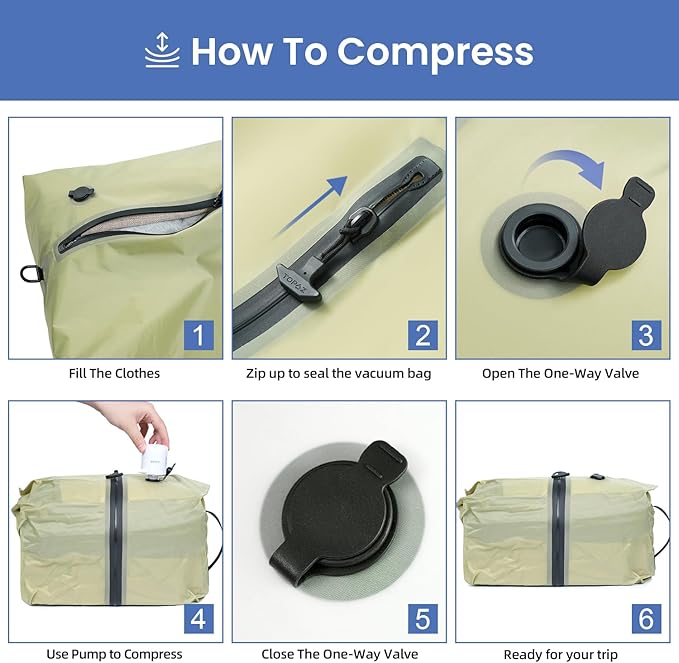 BAGAIL TPU Vacuum Bag for Travel, Reusable Compression Bag with IPX8 Waterproof Zipper, Save Space for Suitcase, Backpack and Carry on (Olive Green, ExtraLarge, With Pump)