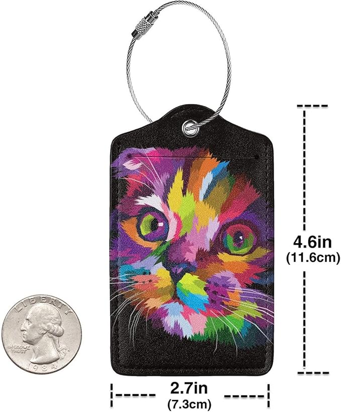 2 Pack Colorful Art Kitten Animal Luggage Tags Travel PU Cute Cat Leather Luggage Tag Name ID Labels with Privacy Cover Suitcases Women Men Girls Boys Fun Laggage Tags(Colorful Cats)