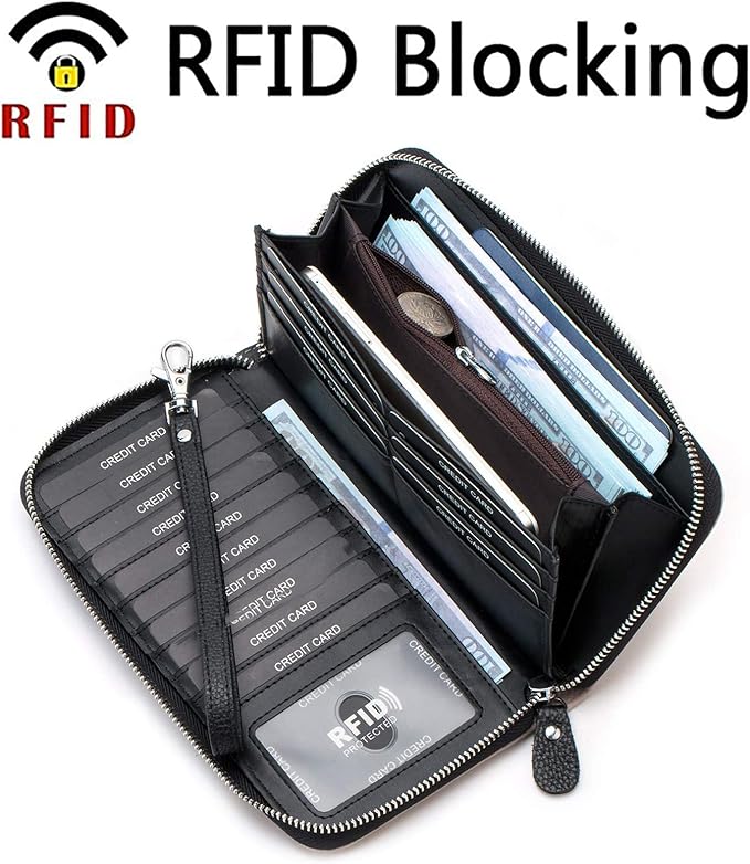 Moflycom Womens Wallet RFID Blocking Genuine Leather Multi Credit Card Large Capacity Zip Around Clutch Travel Purse Wristlet