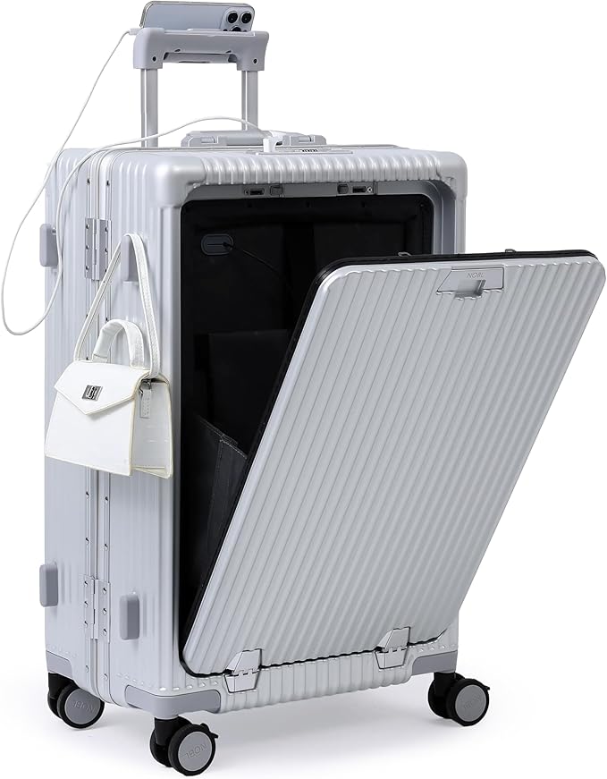 Nobl Travel Zipperless Check In Suitcase - Aluminum Frame, Medium Check In luggage 27x17.5x10.4 Airline Approved by Noble Travel - Polycarbonate Shell - TSA Locks, 360° Spinner Wheels - Silver