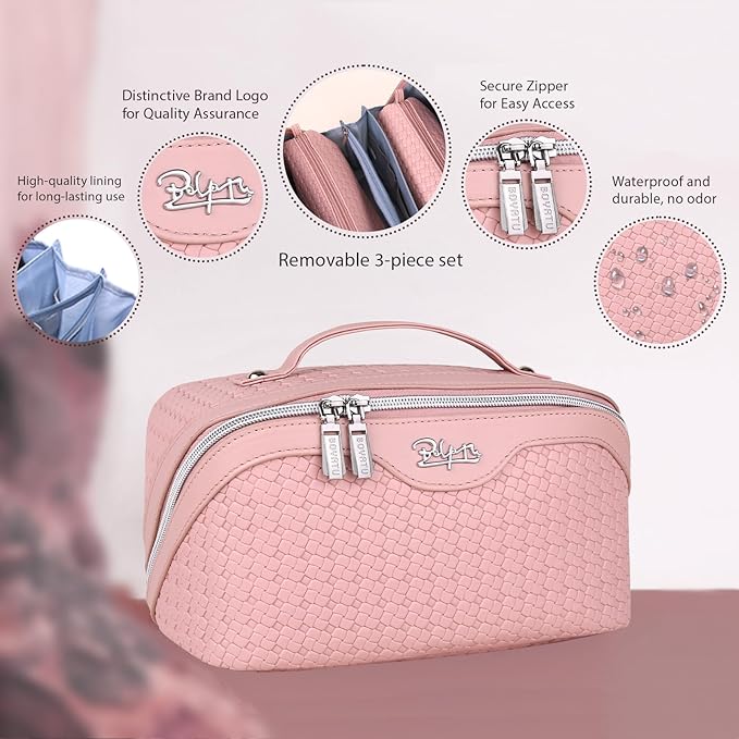 BOYATU Travel Makeup Bag Cosmetic Bags for Women: Large Capacity 3 Pcs Set Make up Bag with Compartments - Waterproof Vegan Leather Toiletry Organizer Bags with Handle (L39 Pink)