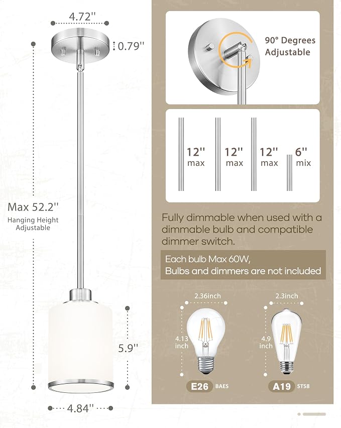 Beionxii Brushed Nickel Pendant Lights Kitchen Island 2 Pack,Hanging Lights | Milk Glass, Kitchen Pendant Lighting Over Island, Hanging Lights for Sink Dining Room Entryway, BX-PL02BN-2