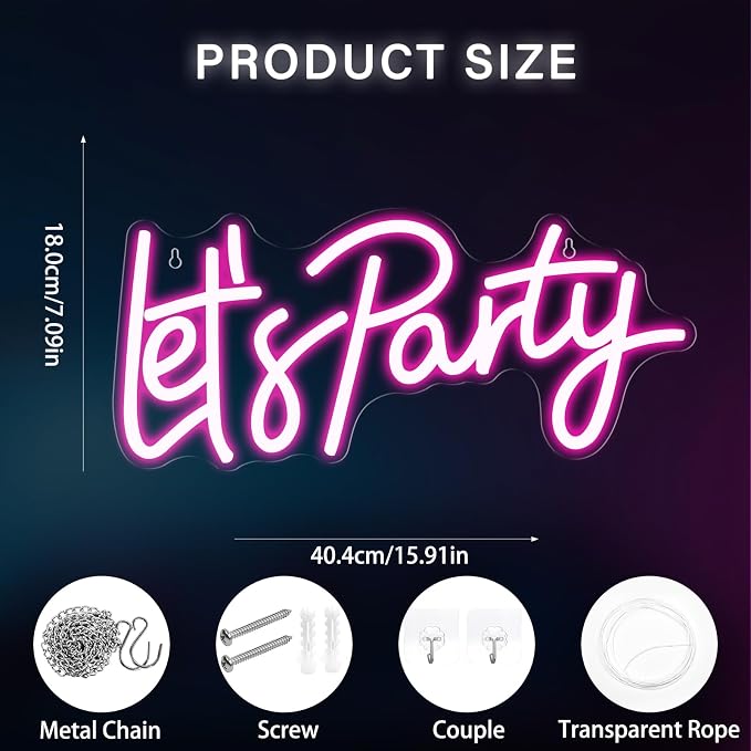Let's Party Neon Sign, LED Let's Party Neon Light Up Signs for Wall Decor | Dimmable Let's Party Neon Light Signs for Birthday, Wedding, Bachelorette, Engagement Party Decorations 15.91" x7.09" Pink