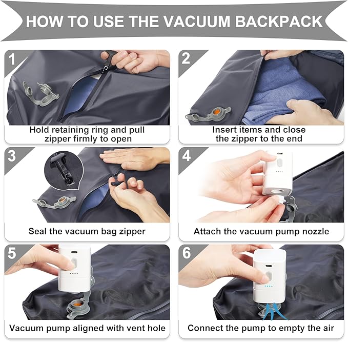 coowoz Vacuum Backpack Travel with Pump,Travel Backpack with Vacuum System For Women Men,Carry On Backpack,Hiking Backpack Waterproof Outdoor Sports Rucksack Casual Daypack,30L(Vacuum pump) Grey