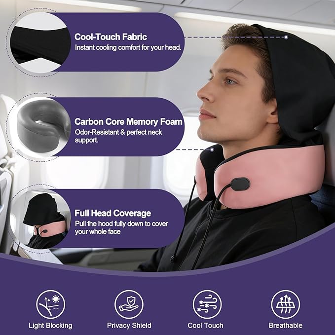 Neck Pillow for Travel, Premium Carbon-Infused Memory Foam, Cooling Fabric Pillow for Airplane, 360° Neck Support for Long Flights, Hooded Travel Pillowl for Planes, Cars and Office, Hooded, Pink