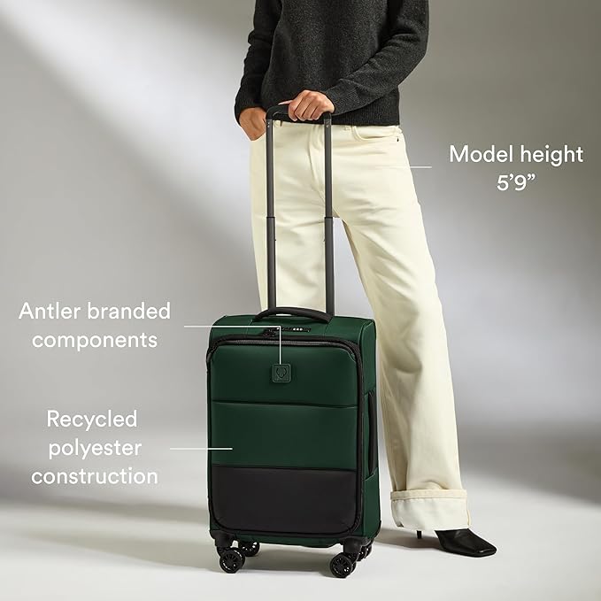 ANTLER - Soft Stripe Carry On Luggage 22x14x9 Airline Approved - Cabin Suitcase with Expander, Adjustable Handle, 4 Spinner Wheels, Lightweight, TSA Lock - Recycled Polyester Luggage - Antler Green