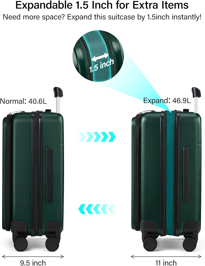MILADA 20-Inch Expandable Carry On Luggage, Hard Shell Top-Opening Luggage with Wheels, TSA-Approved Small Travel Bag for Men and Women Carry-On Suitcase, Blackish Green