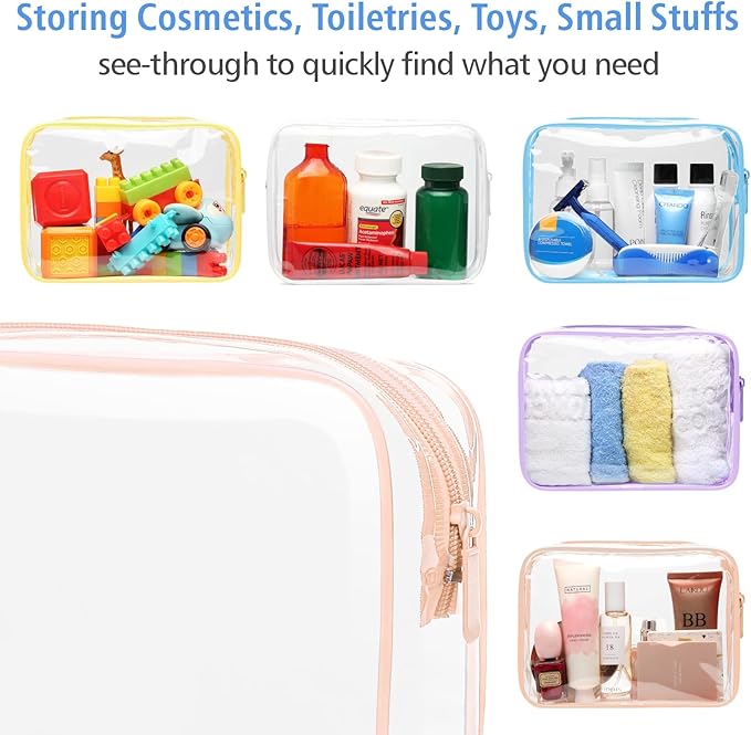 PACKISM TSA Approved Toiletry Bag 5 Medium - Quart Size Clear Makeup Bag for Carry On, Airport Security Compliant Clear Travel bag for Toiletries with Reinforced Seams, Blue Pink White Yellow Purple