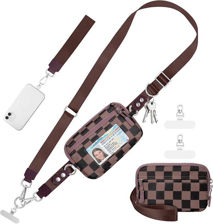 Tiostep Clip and Go Strap for Phone with Wallet Crossbody Phone Lanyard and Detachable Checkered Bag with ID Window and RFID Pouch for Daily Travel.