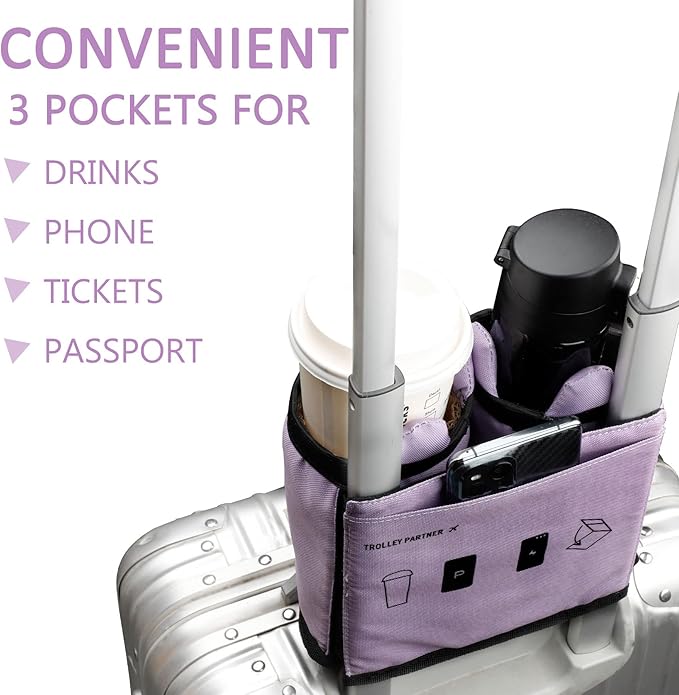 riemot Luggage Travel Cup Holder Free Hand Drink Carrier - Hold Two Coffee Mugs - Fits Roll on Suitcase Handles - Gifts for Flight Attendants Travelers Accessories Cute Rabbit Purple