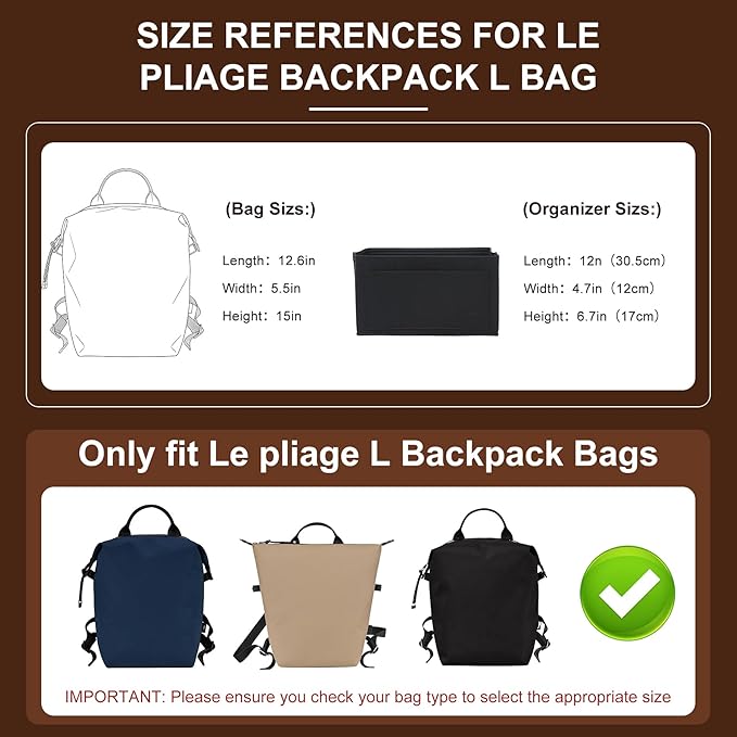 Doxo Backpack Organizer Insert for Longchamp Le Pliage L Backpack | Felt Material with 8 Compartments & YKK Zipper Pocket | Custom-Fit Longchamp Backpack Insert (LB, Black)