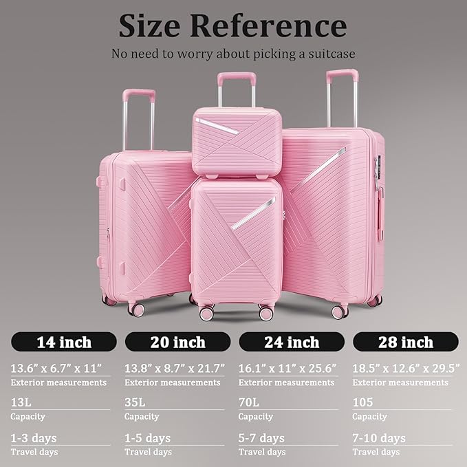 4 Piece Expandable Hardshell Pink Luggage Sets with Spinner Wheels, Lightweight Travel Suitcase Set with TSA Locks, 20 inch Carry On for Women (Pink#B, 4 Piece Set)