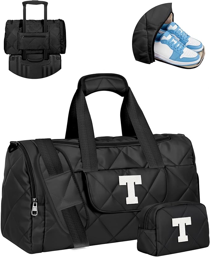 Birthday Gifts for Women Teen Girls, Initial Duffle Bag with Toiletry Bag, Trendy Gym Bag with Shoe Compartment & Wet Separation, Personalized Gifts for Her, Girls Trip Gift Favors