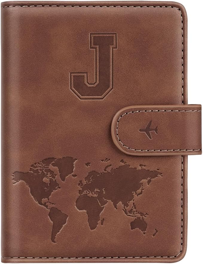 Passport Holder Wallet Cover Personalized Letter A-Z Travel Wallet RFID Blocking Passport Cover Wallet Case for Travel Passport Book Holders for Women and Men, Brown-J