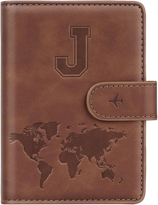 Passport Holder Wallet Cover Personalized Letter A-Z Travel Wallet RFID Blocking Passport Cover Wallet Case for Travel Passport Book Holders for Women and Men, Brown-J