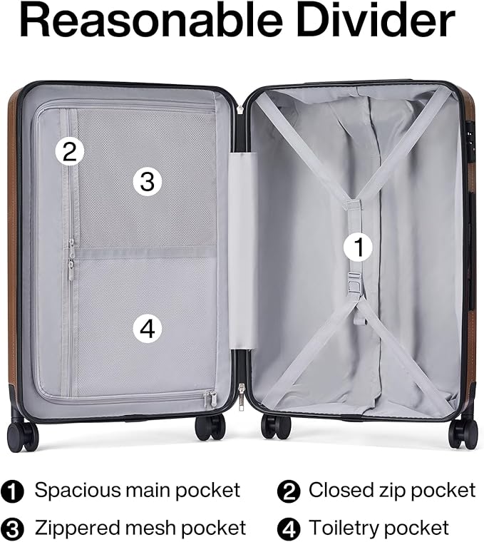 Hanke Luggage Sets 3 piece Carry On Luggage with Wheels PC Hard Shell Suitcases Lightweight Checked Tsa Luggage Extra Large Travel Suitcase Woman Men 20/24/29 Inch （Brown）