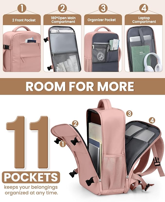 Travel Backpack for Women Man, Waterproof Personal Item Travel Bag Airline Approved Laptop Backpack Bookbag Weekender bags for Business,Travel, Work Fits 15.6 inch Laptop(Medium,Pink)