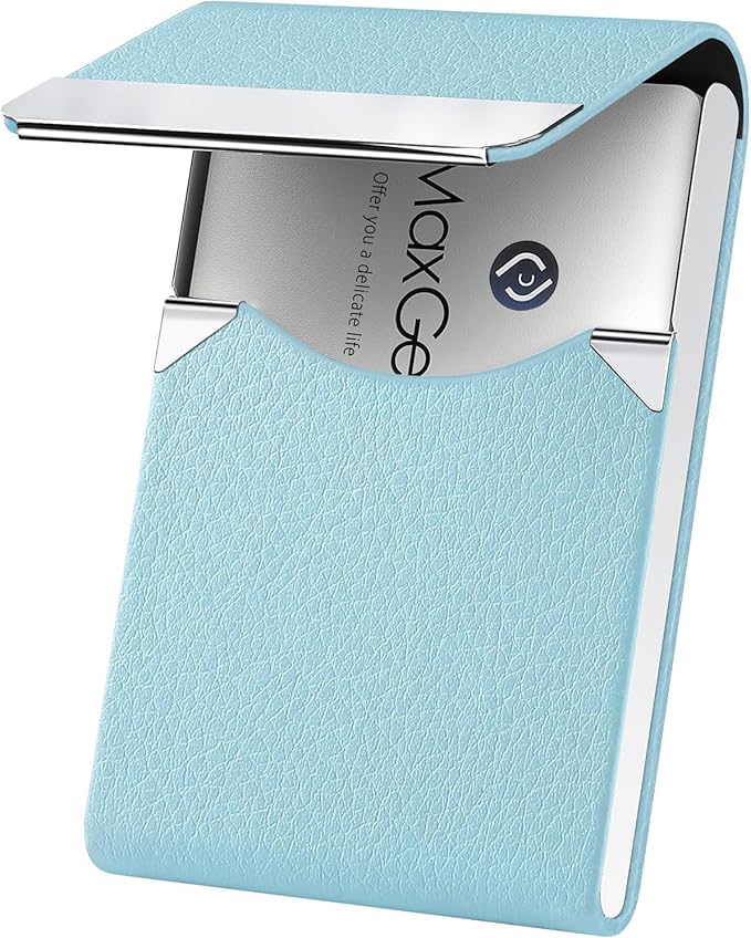 MaxGear Business Card Holder, Slim PU Leather & Stainless Steel Business Card Case for Men & Women, RFID Blocking Name Card Holder with Magnetic Closure, Light Blue