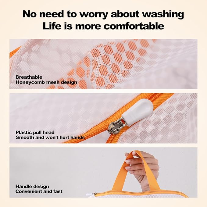 Kimmama Laundry Mesh Wash Bags, Lingerie Bags for Washing Delicates, Mesh Laundry Bags for Washing Machine, White Net, Orange Zipper, 1L & 2M