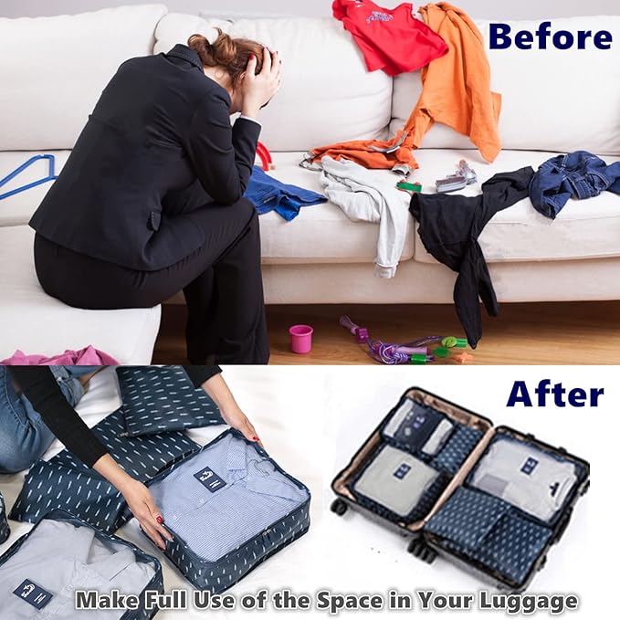 6 PCS Travel Suitcase Organizer Bags, Travel Organizer Packing Cubes Set Laundry Bags, Travel Clothes Storage Bag, Packing Organizer Compression Pouches for Traveller(Navy Blue Feather)