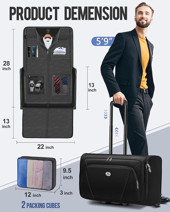 MATEIN Rolling Garment Bags for Airline Travel, Wheeled Carry On Garment Bag with Wheels & 2 Packing Cubes, Wrinkle Free Business Suit Luggage Suitcase Fits 17.3" Laptop for Men Women, Black