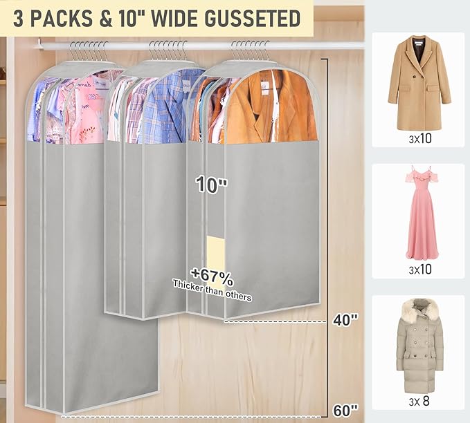 MISSLO 10" Gusseted Garment Bags for Hanging Clothes 40"+60" Clear Suit Bags for Closet Storage Dress Bag for Gowns Long Coat Protector, 3 Packs, Grey