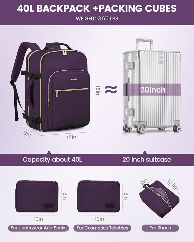 LOVEVOOK Travel Backpack for Women & Men 40L,Airline Approved Carry On Backpack Travel Essentials,TSA Carry on Luggage,Waterproof Personal Item Travel Bag Suitcase,3 Packing Cubes,Dark purple-Black-2