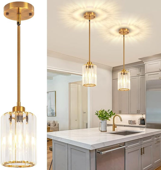 2 Pack Brushed Gold Pendant Light Fixtures Modern Crystal Kitchen Lighting | Hanging Hallway Entryway Ceiling Lights, Adjustable Height Mini Pendant Lights for Dining Room Bathroom Bedroom Above Sink