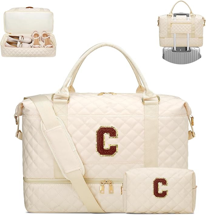 Birthday Gift for Women Initial Travel Duffle Bag Quilted Weekender Bags Carry-On Overnight with Cosmetic Bag, Gym Bag with Shoe Compartment Hospital Bag for Women Labor Delivery, Beige-C