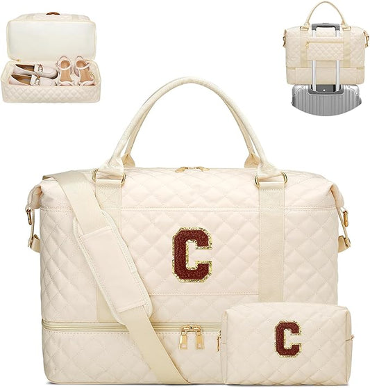 Birthday Gift for Women Initial Travel Duffle Bag Quilted Weekender Bags Carry-On Overnight with Cosmetic Bag, Gym Bag with Shoe Compartment Hospital Bag for Women Labor Delivery, Beige-C