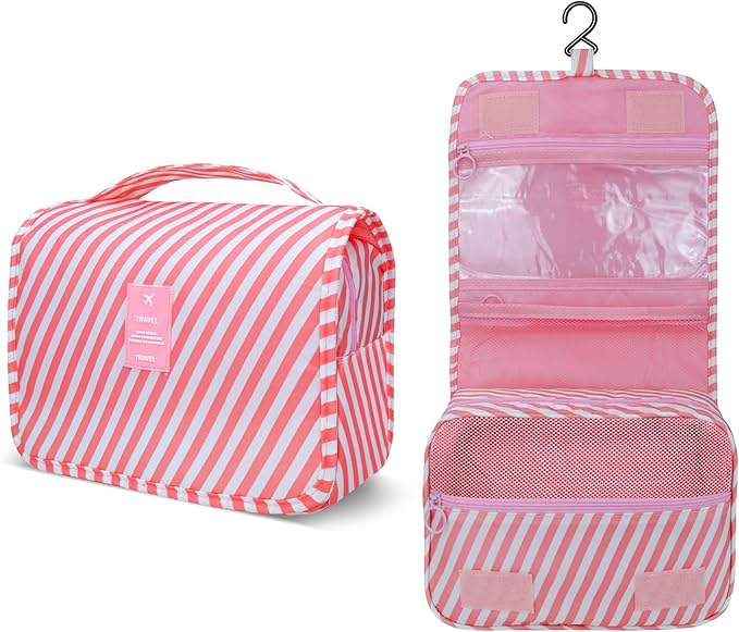 Large Capacity Toiletry Bag Travel Bag with Hanging Hook for Men and Women Waterproof Travel Cosmetic Bag Bathroom Storage Bag for Brushes Set, Full-Sized Shampoo,Accessories(Pink Stripe)