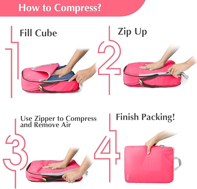 Gonex Compression Packing Cubes, 4pcs Expandable Storage Travel Luggage Bags Organizers (Bright Pink)