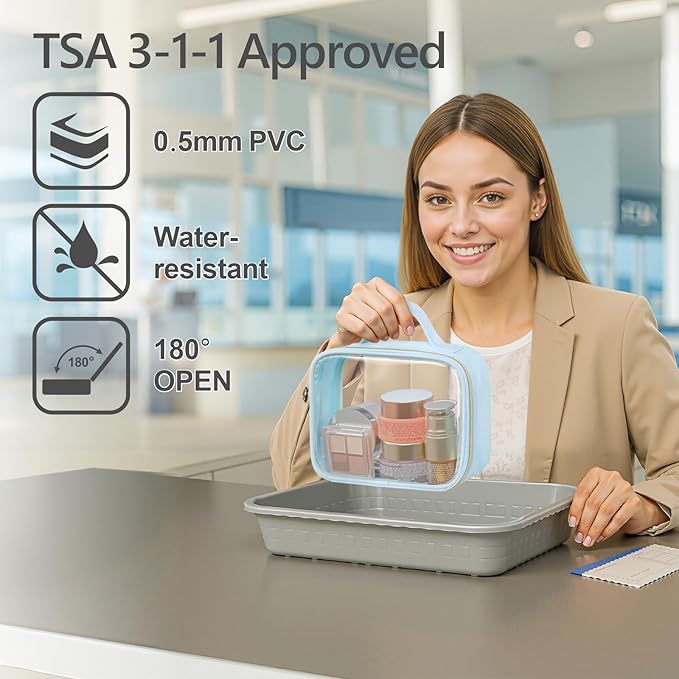 PACKISM Clear Makeup Bag Combo Pack, 1 TSA Approved Medium & Large/XL for Checked Luggage, Clear Toiletry Bag with Handle, Water-resistant Travel Essentials Organizer, Ice Blue