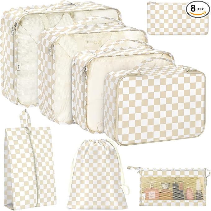 8 Set Packing Cubes for Travel, Luggage Packing Organizers Accessories Large Toiletries Bag for Clothes Shoes Cosmetics (Khaki Checkered)