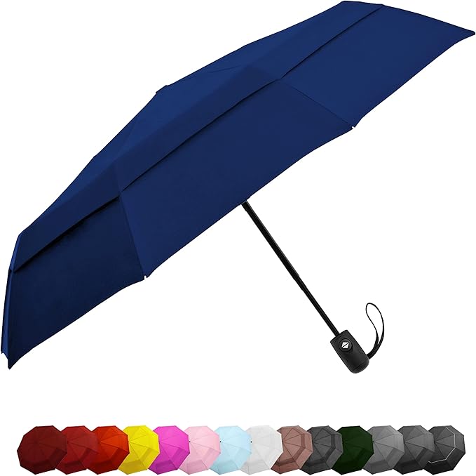 Windproof Compact Umbrella for Rain - 42” Travel Umbrella, Portable, Strong, Collapsible to 11”, Automatic Open Close Button, Vented Double Canopy with Fiberglass/Steel Frame, Wind Resistance to 55MPH